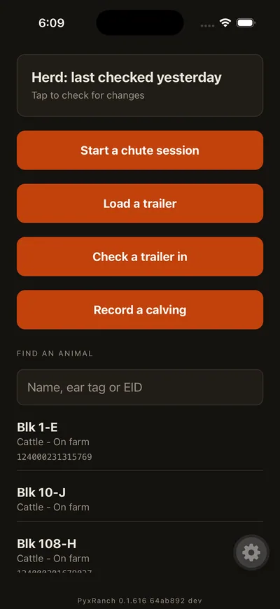 PyxRanch Herd on a phone: start a chute session, load a trailer, record a calving, or find an animal by name, tag or EID